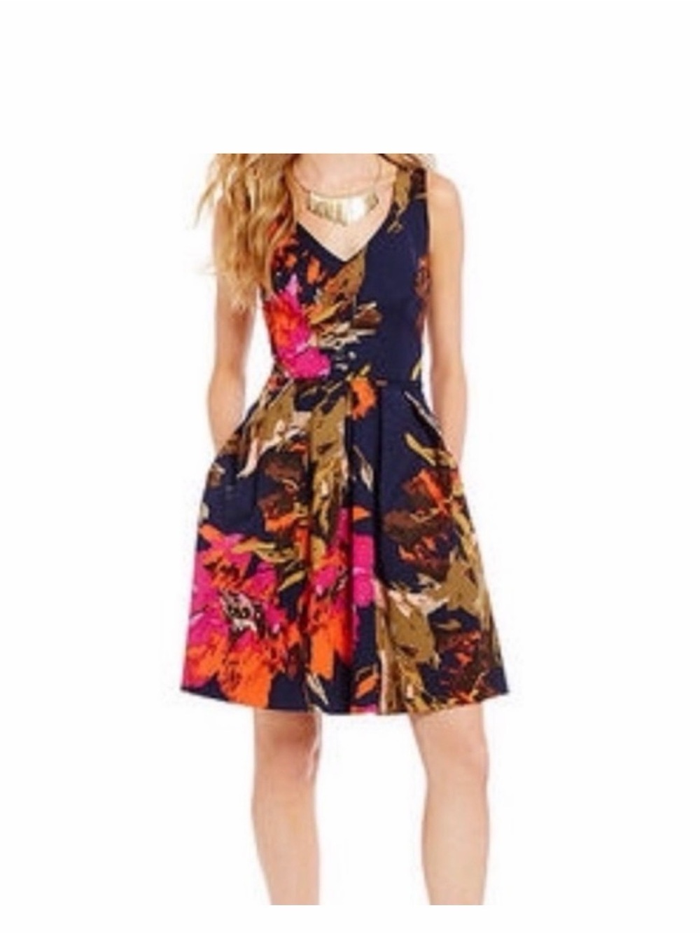 Trina Turk Navy Floral V-Neck Fit & Flare Mini Dress